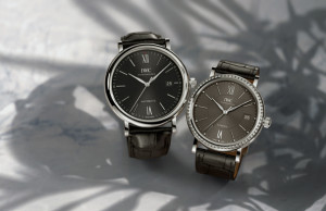 HANDOUT - The Portofino Pair No. 1 from IWC Schaffhausen is equipped with the IWC manufactured 35111 calibre and features a case in stainlees steel (Ref. 3565) with 66 diamonds on the case (Ref. 4581),  slate-coloured (Ref. 4581) and black (Ref. 3565) alligator leather strap by Santoni with a pin buckle in stainless steel. (PHOTOPRESS/IWC)